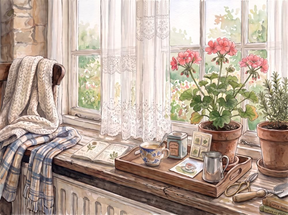 A watercolor of a window seat with a tea tray and geraniums