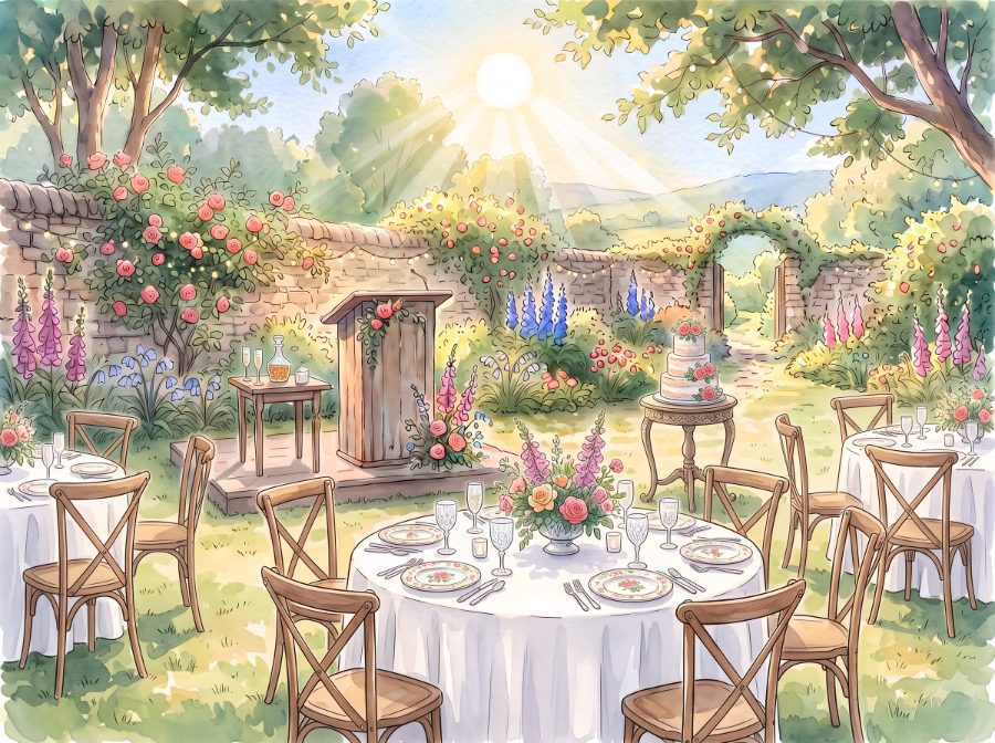 A watercolor of a walled rose garden reception in afternoon sun with round tables and string lights