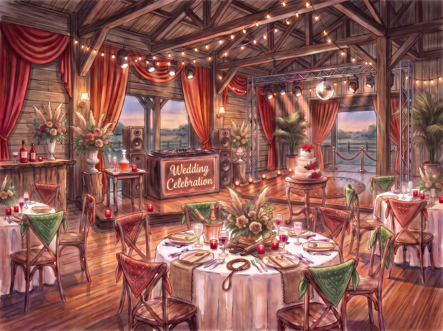 A watercolor of a barn wedding reception at dusk with string lights and bandanas on the chairs
