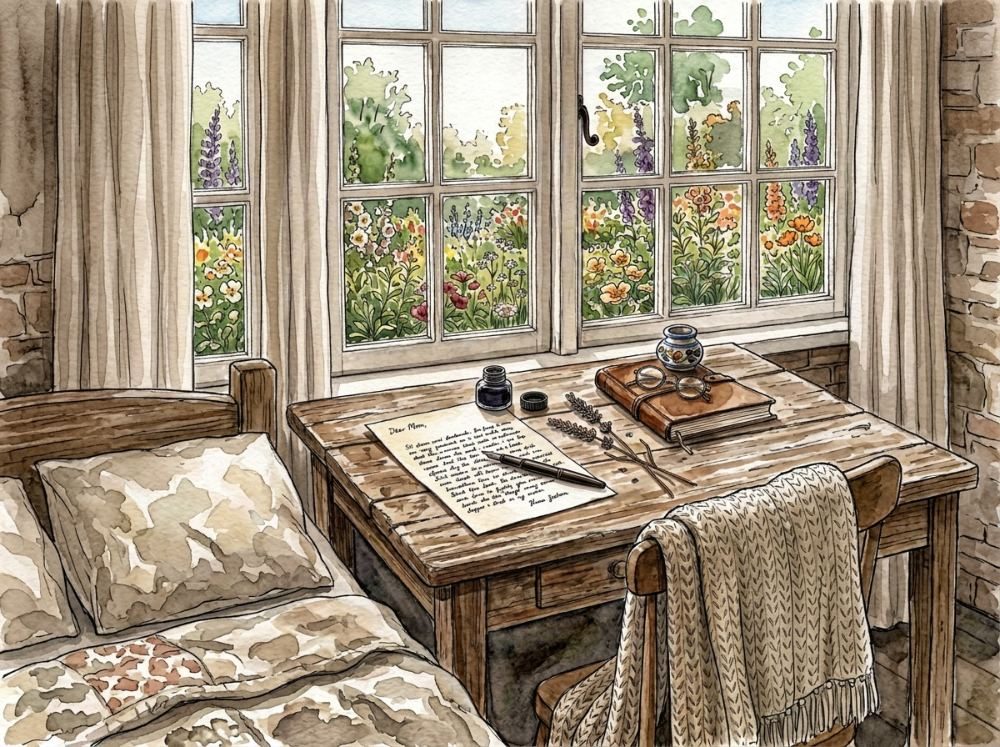 A watercolor of a handwritten letter on a writing desk