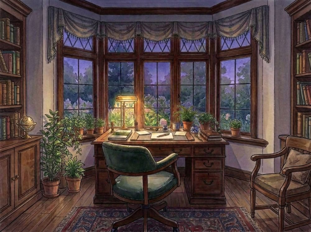 A watercolor of a study desk in a bay window
