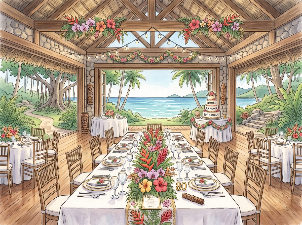 A watercolor of an open-air beachside banquet hall set for a birthday celebration