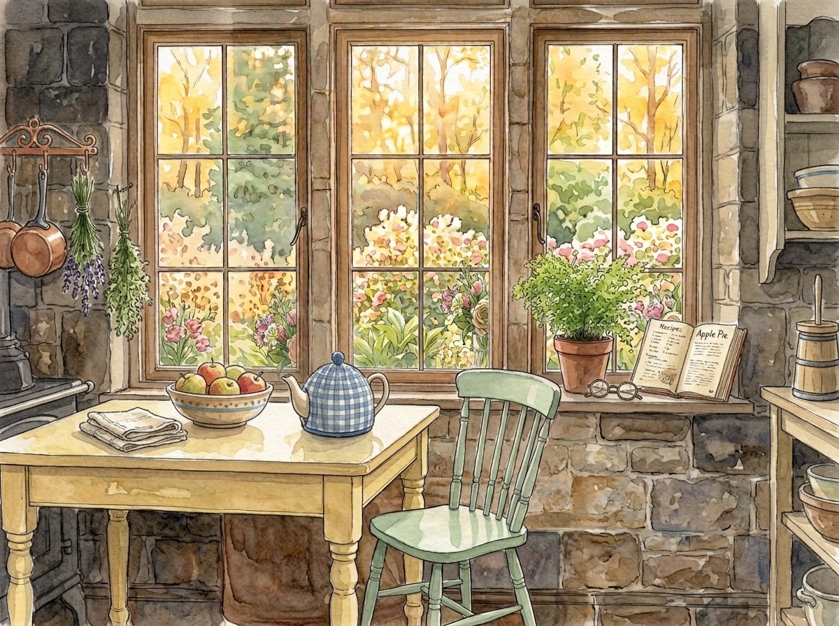 A watercolor of a lived-in kitchen with shelves of dishes