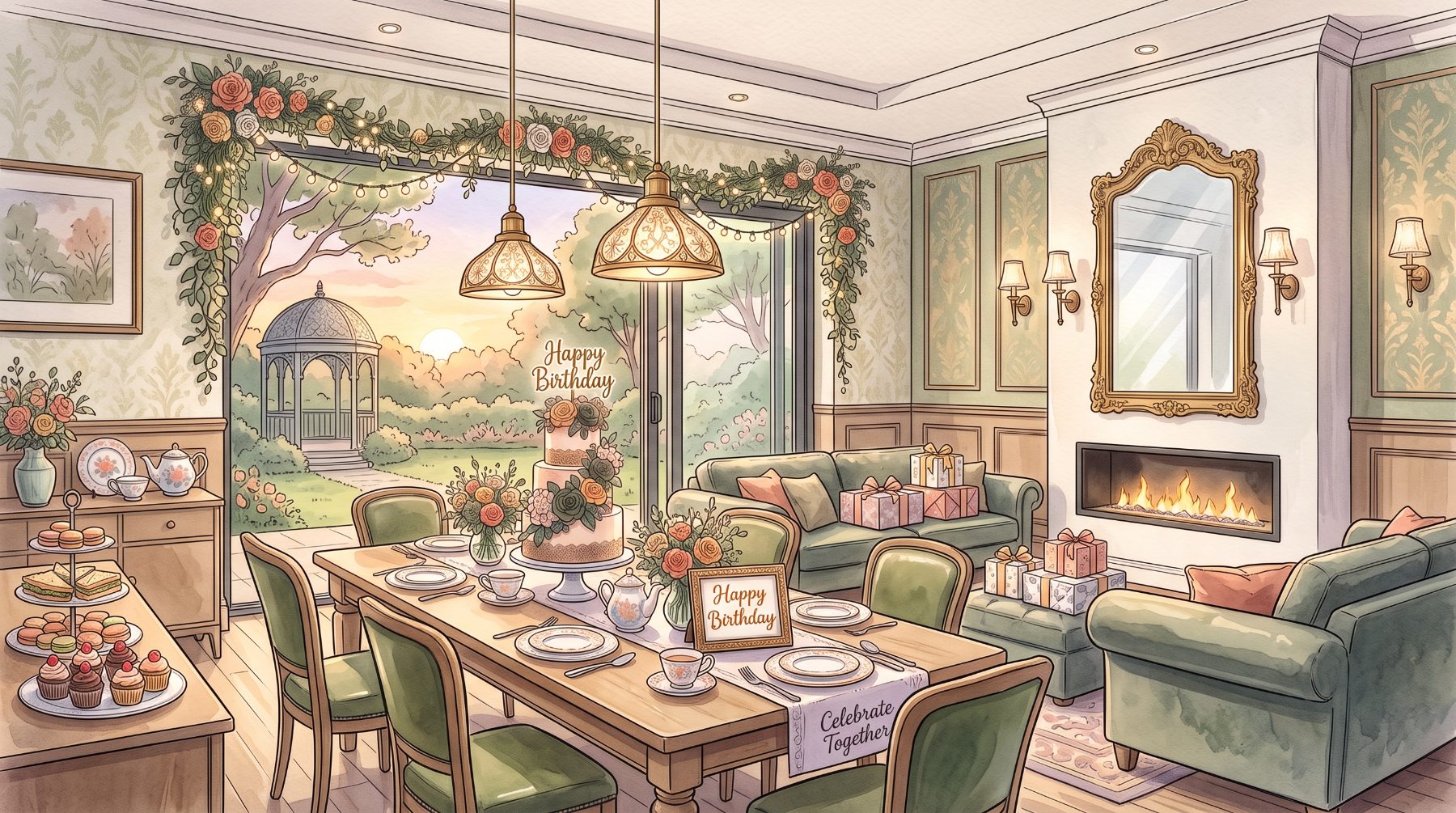 A watercolor birthday celebration scene