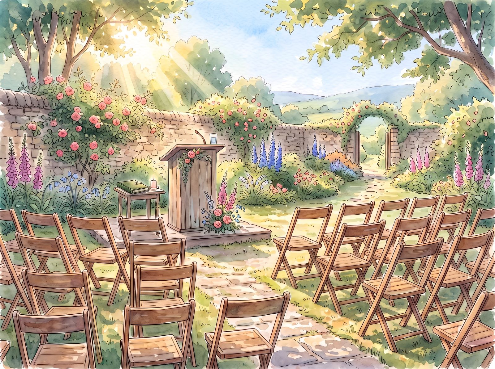 A watercolor of a garden service with a lectern and rows of empty chairs