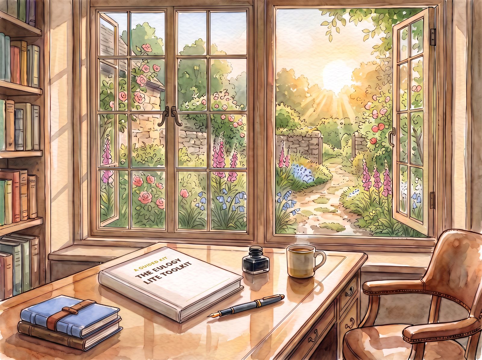 A watercolor of a sunlit desk by an open garden window