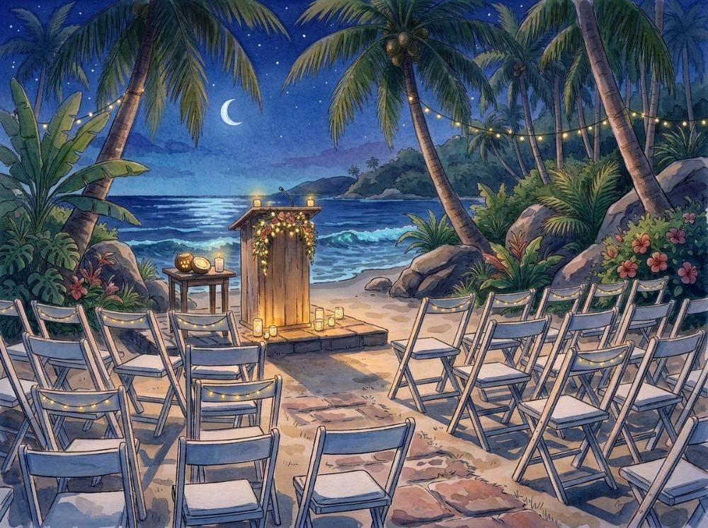 A watercolor of a candlelit beach service at night with a garlanded lectern under palms