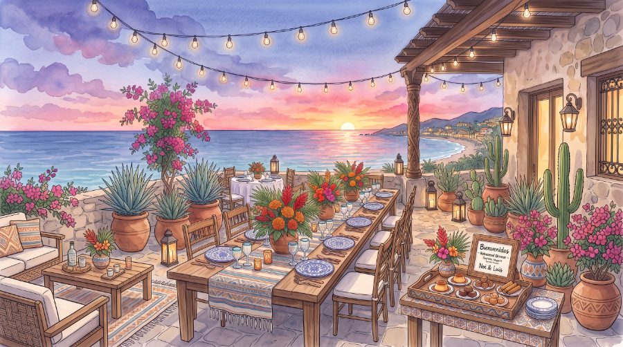 A watercolor of a seaside rehearsal dinner at sunset with a long table and string lights
